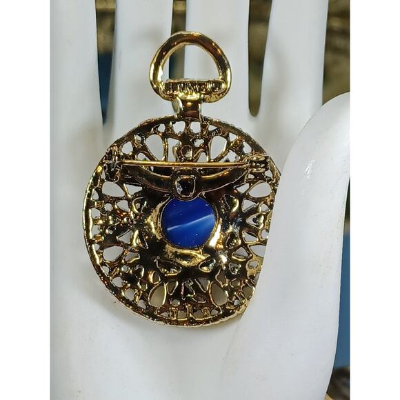 Charm Pin Pendant Big Blue Beautiful Stone Golden Charm Pin Brilliant Round Fun - Picture 8 of 11